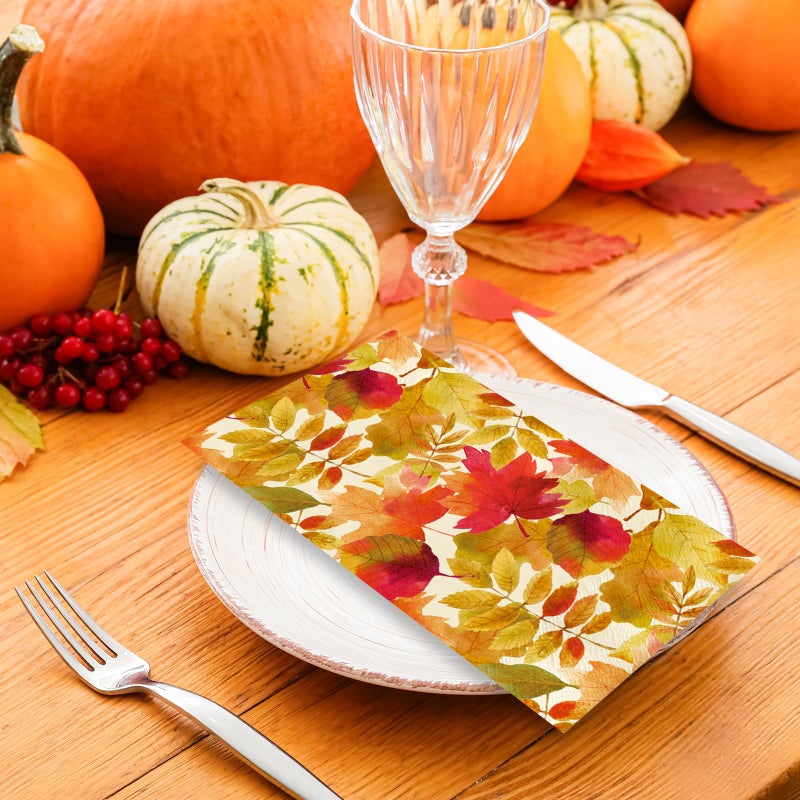 JarThenaAMCS 50 Pcs Fall Leaves Guest Napkins Autumn Maple Leaf Disposable Napkins Watercolor Dinner Hand Paper Napkin for Bathroom Thanksgiving Holiday Party Table Supplies - Image 4